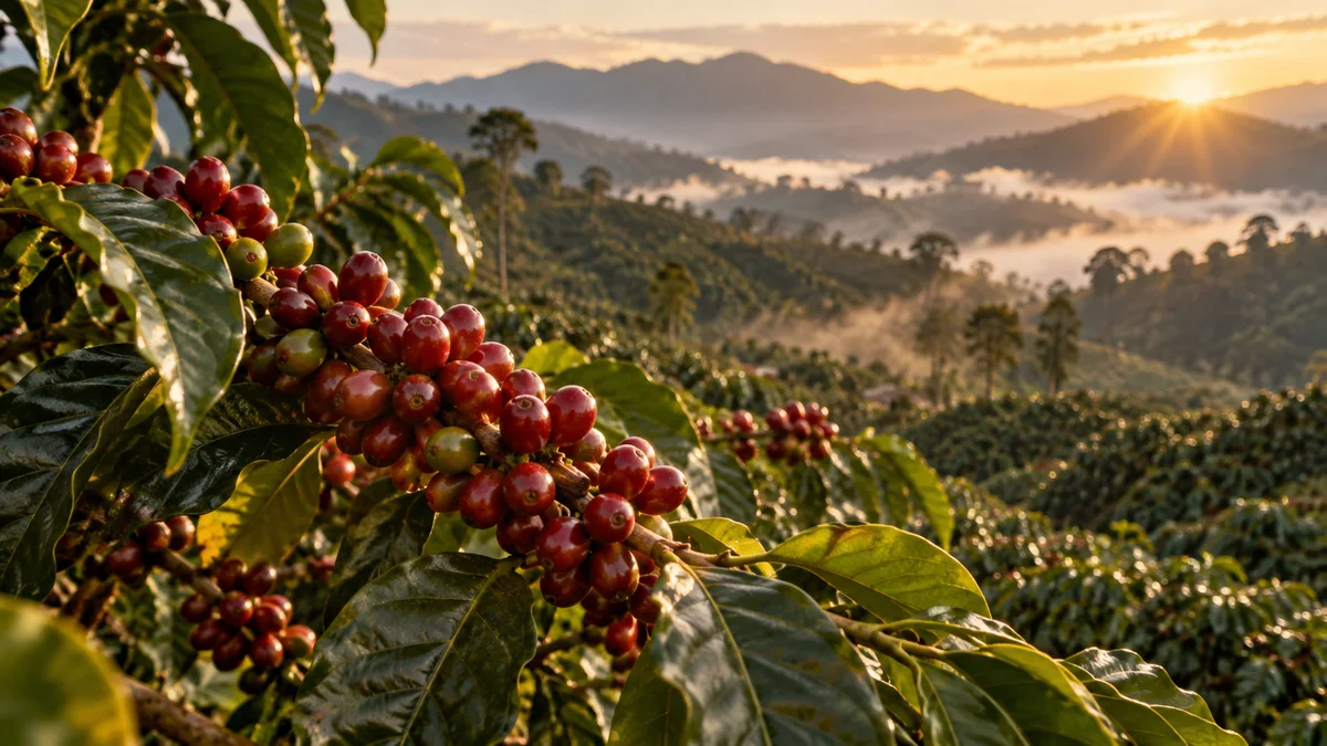 Colombian coffee farm at sunrise