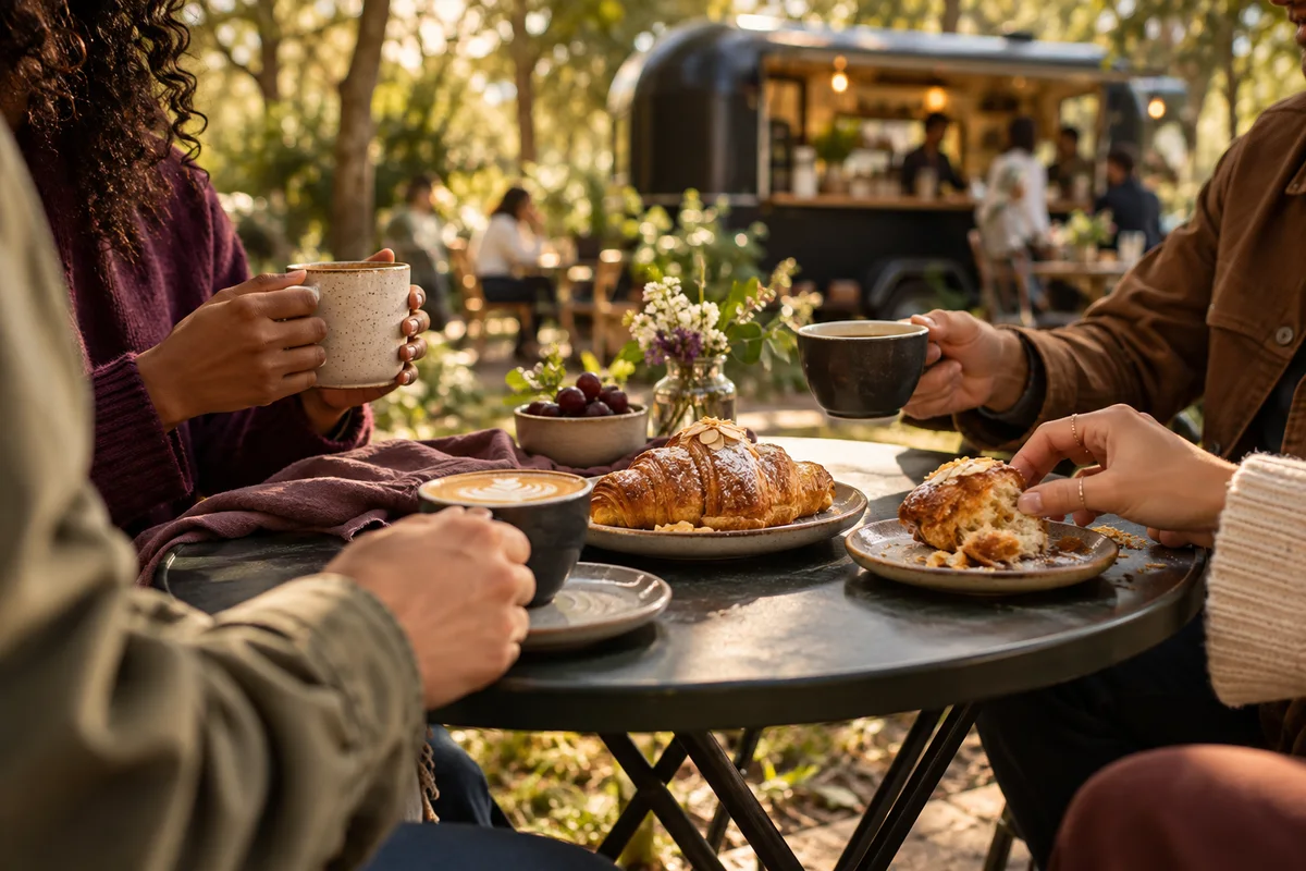 Friends sharing coffee and baked goods outdoors